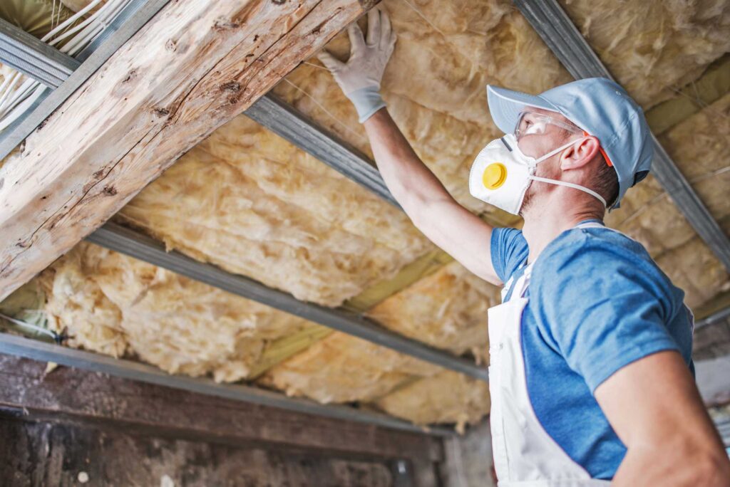 man installing insulation in roof